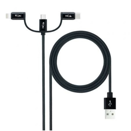 Cable USB 2.0 Nanocable 10.01.3200- Lightning Macho - Micro USB Macho- USB Tipo-C Macho- 1m- Negro