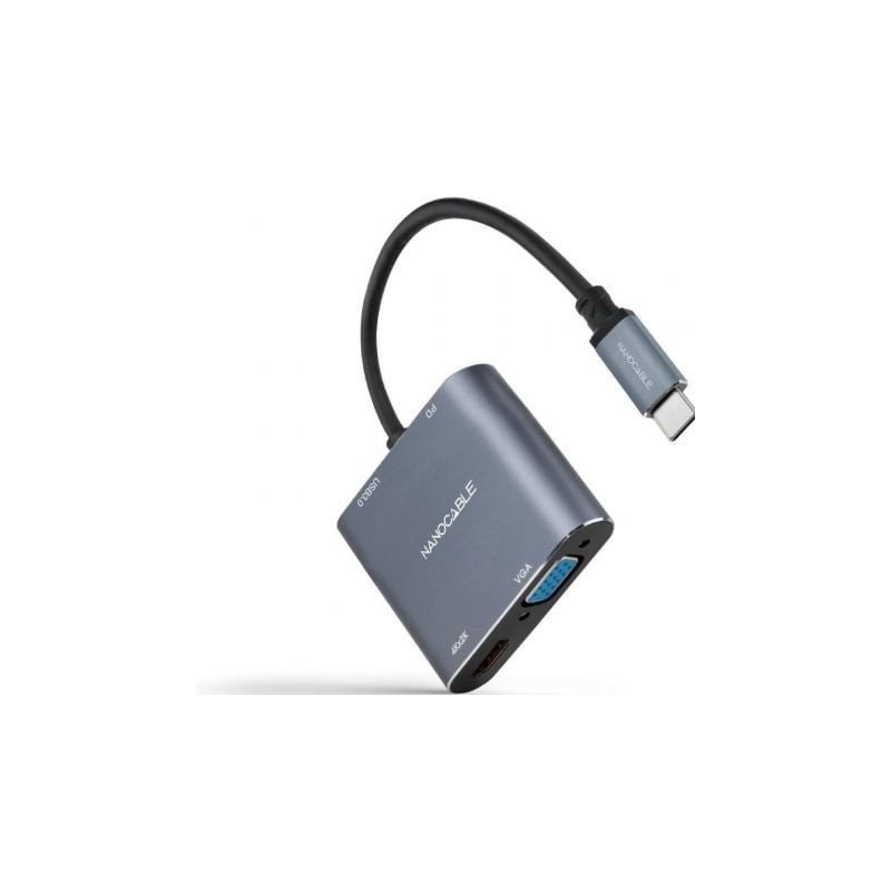 Conversor Nanocable 10.16.4304- USB Tipo-C Macho- HDMI 4K Hembra - VGA Hembra - USB Tipo-C PD Hembra - USB Hembra- 15cm- Gris