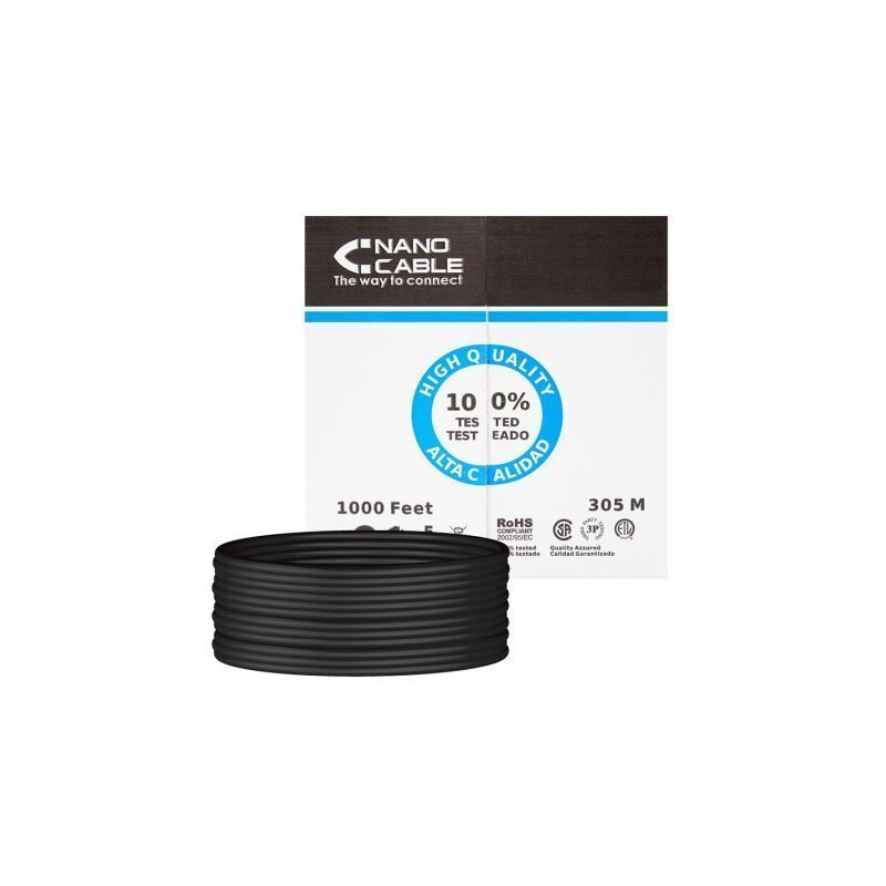 Bobina de Cable RJ45 para Exteriores UTP Nanocable 10.20.0304-EXT-BK Cat.5e- 305m- Impermeable- Negro