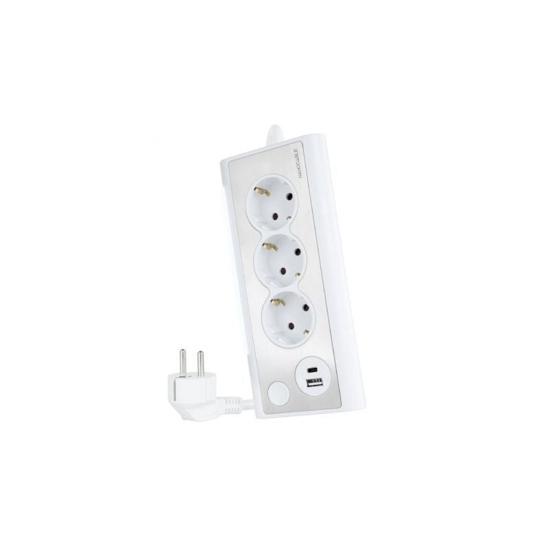 Regleta con Interruptor Nanocable 10.37.0013-W- 3 Tomas de Corriente- 1 USB- 1 USB Tipo-C- Cable 1.5m- Blanca