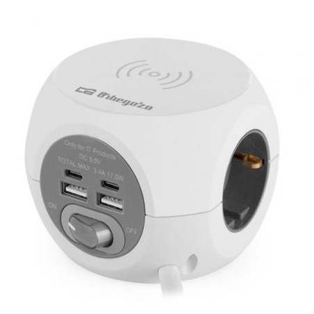 Regleta Orbegozo EN 4500 con Carga inalámbrica- 3 Tomas de corriente- 2 USB - 2 USB Tipo C- Cable 1.5m- Blanca y Gris