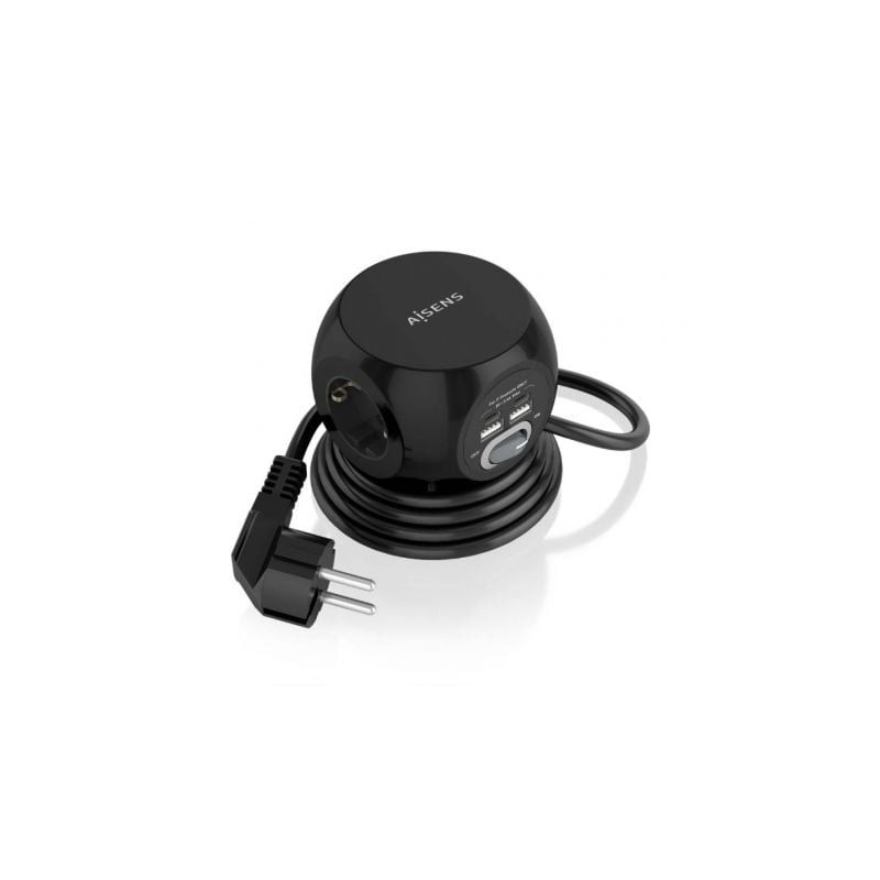 Regleta con Interruptor Aisens ASPS-2A2C05-BK- 3 Tomas de Corriente- 2 USB Tipo-C- 2 USB- Cable 1.4m- Negro