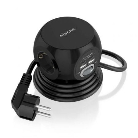 Regleta con Interruptor Aisens ASPS-2A2C05-BK- 3 Tomas de Corriente- 2 USB Tipo-C- 2 USB- Cable 1.4m- Negro