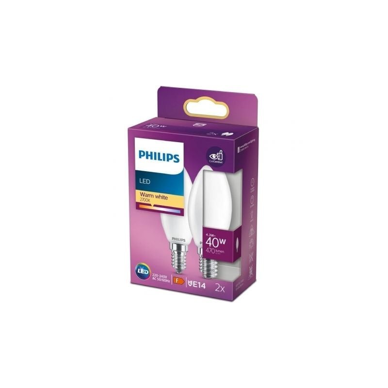 Bombilla Led Philips LED Classic- Casquillo E14- 4.3W- 470 Lúmenes- 2700K- Pack de 2 Uds