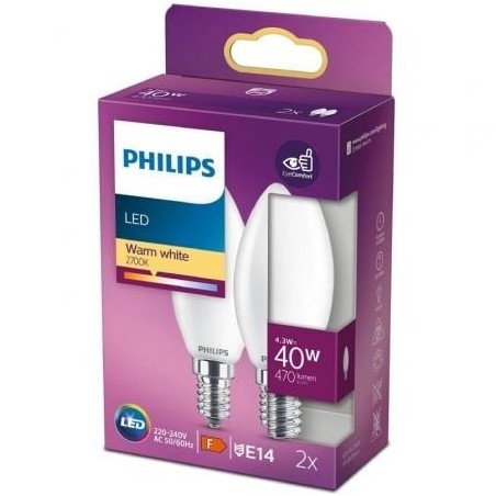 Bombilla Led Philips LED Classic- Casquillo E14- 4.3W- 470 Lúmenes- 2700K- Pack de 2 Uds