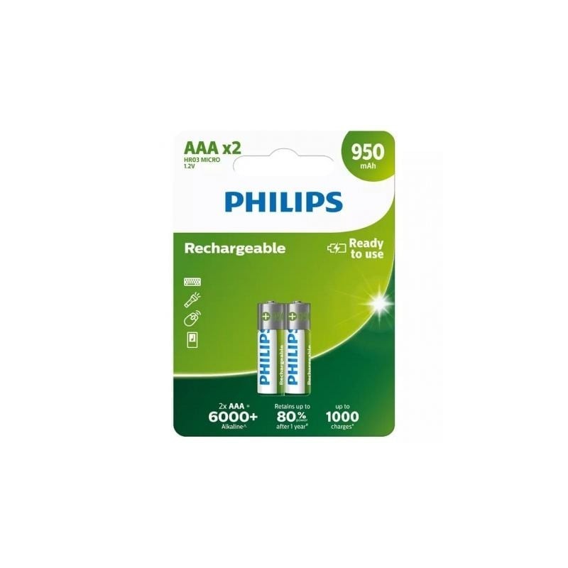 Pack de 2 Pilas AAA Philips R03B2A95-10- 1.2V- Recargables