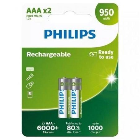 Pack de 2 Pilas AAA Philips R03B2A95-10- 1.2V- Recargables