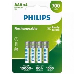 Pack de 4 Pilas AAA Philips R03B4A70-10- 1.2V- Recargables