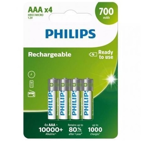 Pack de 4 Pilas AAA Philips R03B4A70-10- 1.2V- Recargables