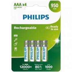 Pack de 4 Pilas AAA Philips R03B4A95-10- 1.2V- Recargables