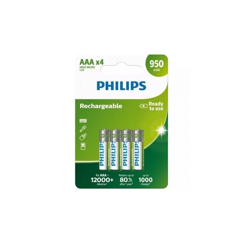 Pack de 4 Pilas AAA Philips R03B4A95-10- 1.2V- Recargables