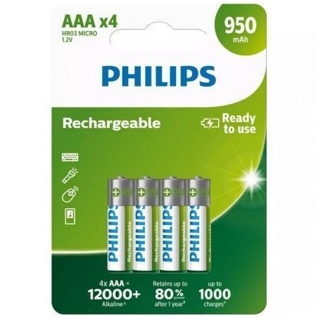 Pack de 4 Pilas AAA Philips R03B4A95-10- 1.2V- Recargables