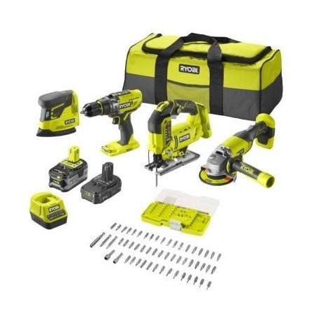Pack Taladro + Amoladora + Sierra de calar + Lijadora Ryobi ONE+ R18CK4F-252S- 2 baterías 18V 5,0 y 2,0 Ah- Cargador 2,0 A- B