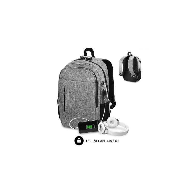 Mochila Subblim Urban Lock para Portátiles hasta 16'- Puerto USB- Antirrobo- Gris