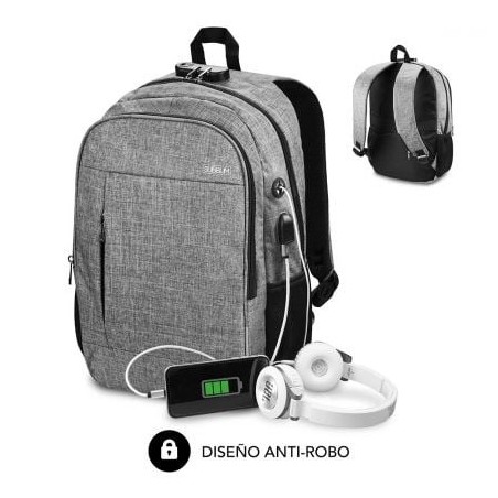 Mochila Subblim Urban Lock para Portátiles hasta 16'- Puerto USB- Antirrobo- Gris