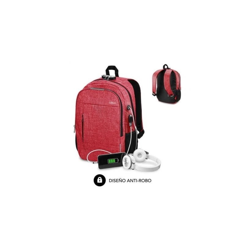 Mochila Subblim Urban Lock para Portátiles hasta 16'- Puerto USB- Antirrobo- Rojo