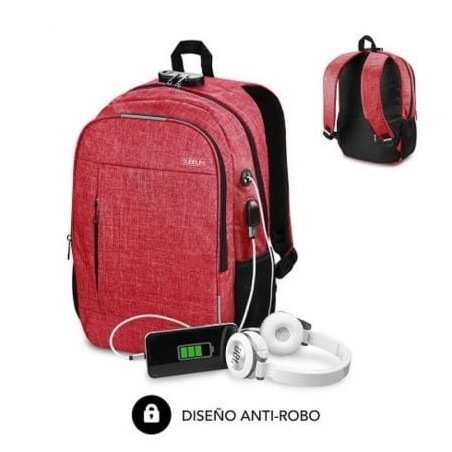 Mochila Subblim Urban Lock para Portátiles hasta 16'- Puerto USB- Antirrobo- Rojo