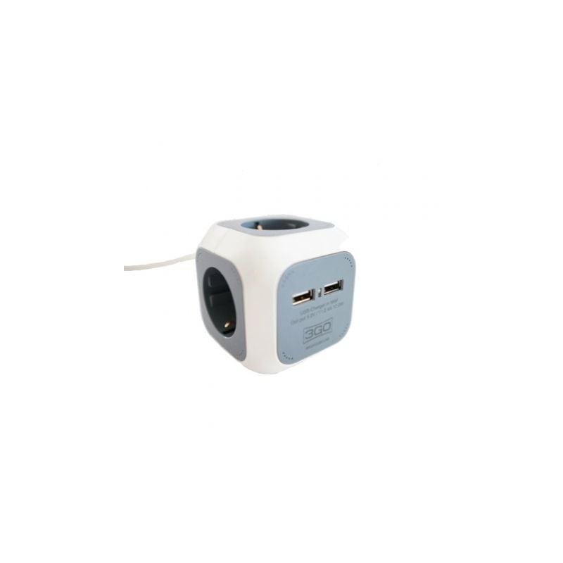 Regleta 3GO REG4CUBEUSB- 4 Tomas de corriente- 2 USB- Cable 1.4m- Blanca y Gris
