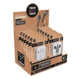 Expositor de Auriculares Tech One Tech EarTECH TEC1003 - con Micrófono- Jack 3.5- Incluye 6 Auriculares Blancos y 6 Auricular