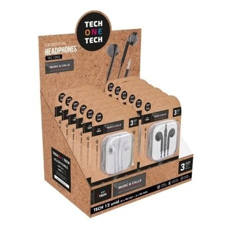 Expositor de Auriculares Tech One Tech EarTECH TEC1003 - con Micrófono- Jack 3.5- Incluye 6 Auriculares Blancos y 6 Auricular
