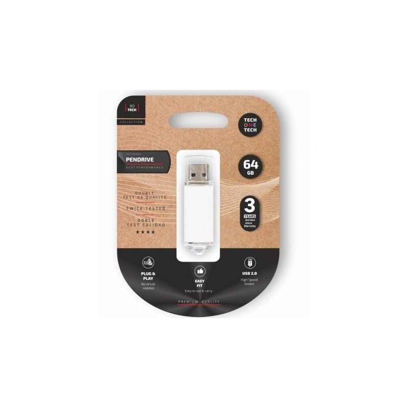 Pendrive 64GB Tech One Tech Basic USB 2.0- Blanco