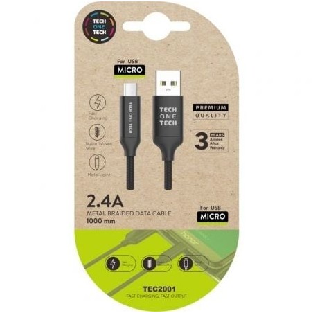 Cable USB 2.0 Tech One Tech TEC2001- USB Macho - MicroUSB Macho- 1m- Negro