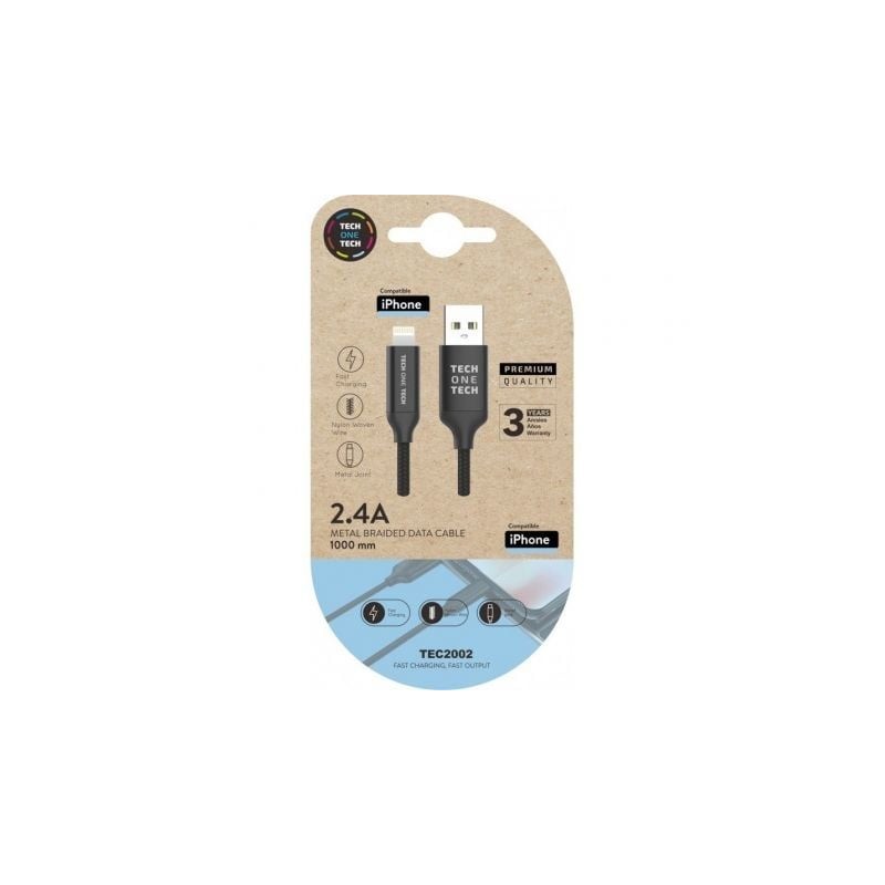 Cable USB 2.0 Tech One Tech TEC2002- USB Macho - Lightning Macho- 1m- Negro