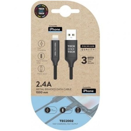 Cable USB 2.0 Tech One Tech TEC2002- USB Macho - Lightning Macho- 1m- Negro