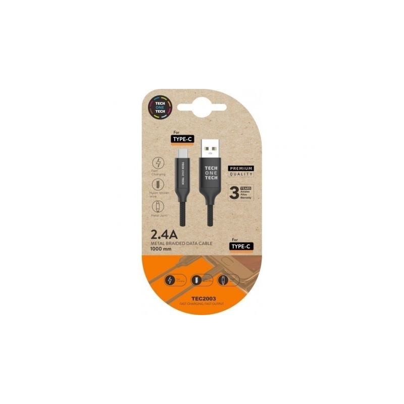 Cable USB 2.0 Tipo-C Tech One Tech TEC2003- USB Tipo-C Macho - USB Macho- 1m- Negro