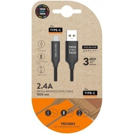 Cable USB 2.0 Tipo-C Tech One Tech TEC2003- USB Tipo-C Macho - USB Macho- 1m- Negro
