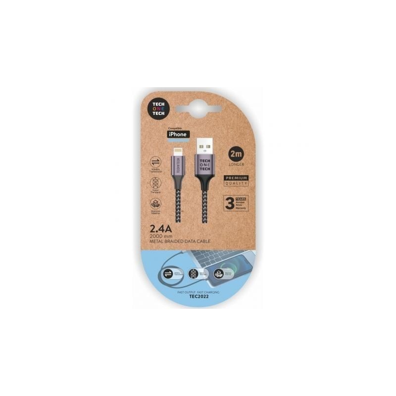 Cable USB 2.0 Tech One Tech TEC2022- USB Macho - Lightning Macho- 2m- Gris