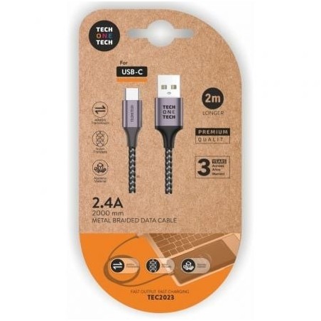 Cable USB 2.0 Tipo-C Tech One Tech TEC2023- USB Tipo-C Macho - USB Macho- 2m- Gris