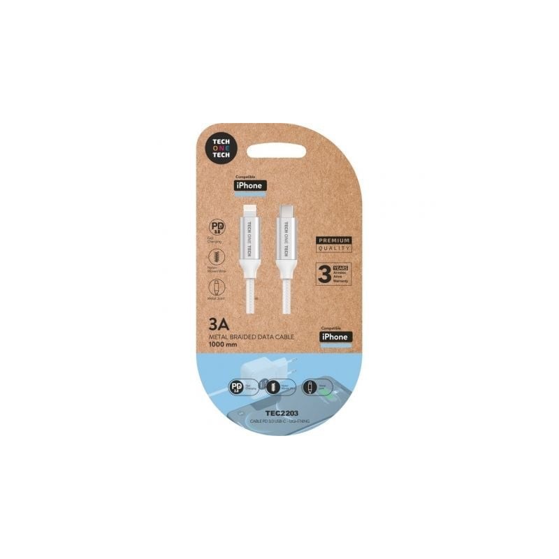 Cable USB Tipo-C 2.0 Lightning Tech One Tech TEC2203- Lightning Macho - USB Tipo-C Macho- 1m- Blanco