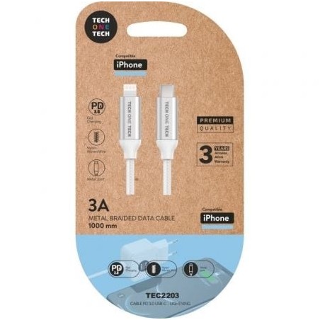 Cable USB Tipo-C 2.0 Lightning Tech One Tech TEC2203- Lightning Macho - USB Tipo-C Macho- 1m- Blanco