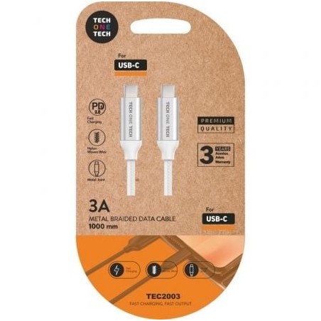 Cable USB 2.0 Tipo-C Tech One Tech TEC2204- USB Tipo-C Macho - USB Tipo-C Macho- 1m- Blanco