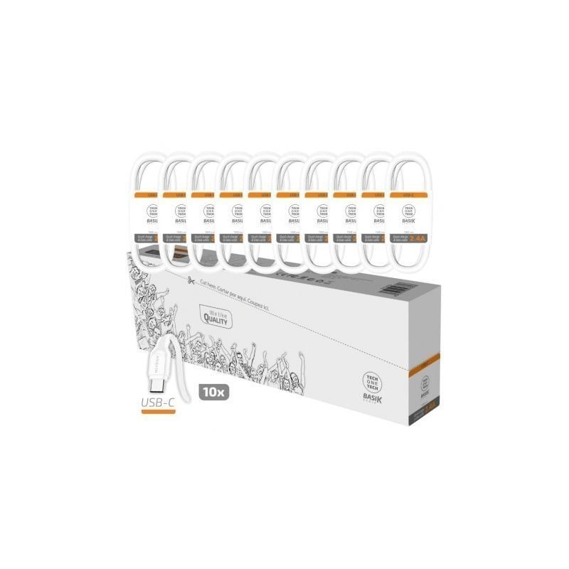 Pack 10 Cables USB 2.0 Tech One Tech Basik TEC2953- USB Macho - USB Tipo-C Macho- 1m- Blanco