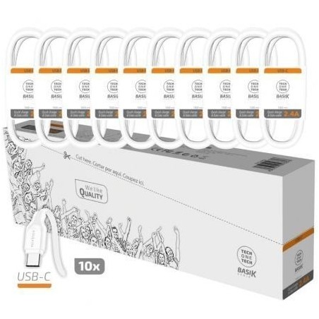Pack 10 Cables USB 2.0 Tech One Tech Basik TEC2953- USB Macho - USB Tipo-C Macho- 1m- Blanco
