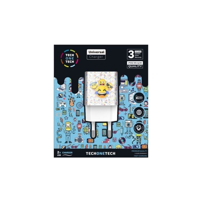 Cargador de Pared Tech One Tech Emojitech Smile TEC2502- 2xUSB- 2.4A- Blanco