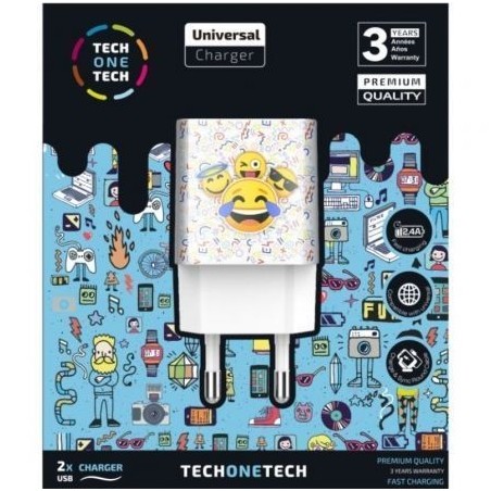 Cargador de Pared Tech One Tech Emojitech Smile TEC2502- 2xUSB- 2.4A- Blanco