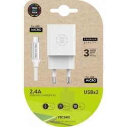 Cargador de Pared Tech One Tech TEC2401- 2xUSB + Cable Micro USB- 2.4A- Blanco