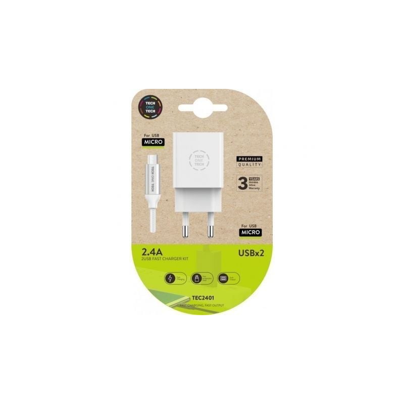 Cargador de Pared Tech One Tech TEC2401- 2xUSB + Cable Micro USB- 2.4A- Blanco