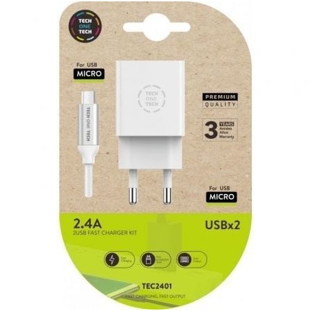 Cargador de Pared Tech One Tech TEC2401- 2xUSB + Cable Micro USB- 2.4A- Blanco