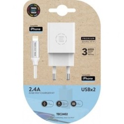 Cargador de Pared Tech One Tech TEC2402- 2xUSB + Cable Lightning- 2.4A- Blanco