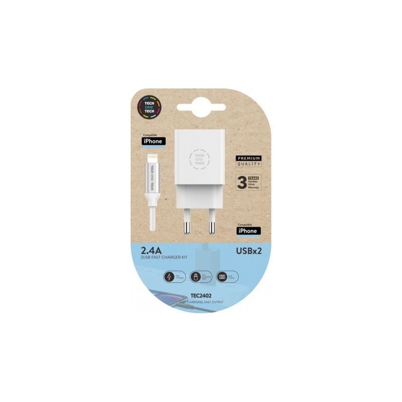 Cargador de Pared Tech One Tech TEC2402- 2xUSB + Cable Lightning- 2.4A- Blanco
