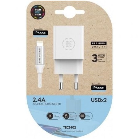 Cargador de Pared Tech One Tech TEC2402- 2xUSB + Cable Lightning- 2.4A- Blanco
