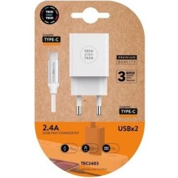 Cargador de Pared Tech One Tech TEC2403- 2xUSB + Cable USB Tipo-C- 2.4A- Blanco