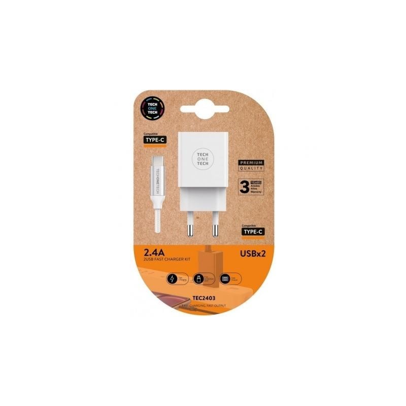 Cargador de Pared Tech One Tech TEC2403- 2xUSB + Cable USB Tipo-C- 2.4A- Blanco