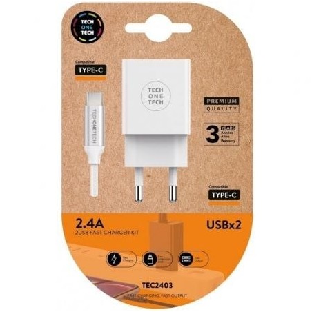 Cargador de Pared Tech One Tech TEC2403- 2xUSB + Cable USB Tipo-C- 2.4A- Blanco
