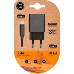 Cargador de Pared Tech One Tech TEC2423- 2xUSB + Cable USB Tipo-C- 2.4A- Negro