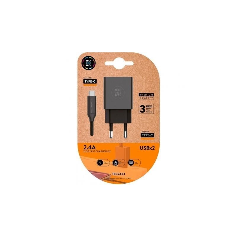 Cargador de Pared Tech One Tech TEC2423- 2xUSB + Cable USB Tipo-C- 2.4A- Negro